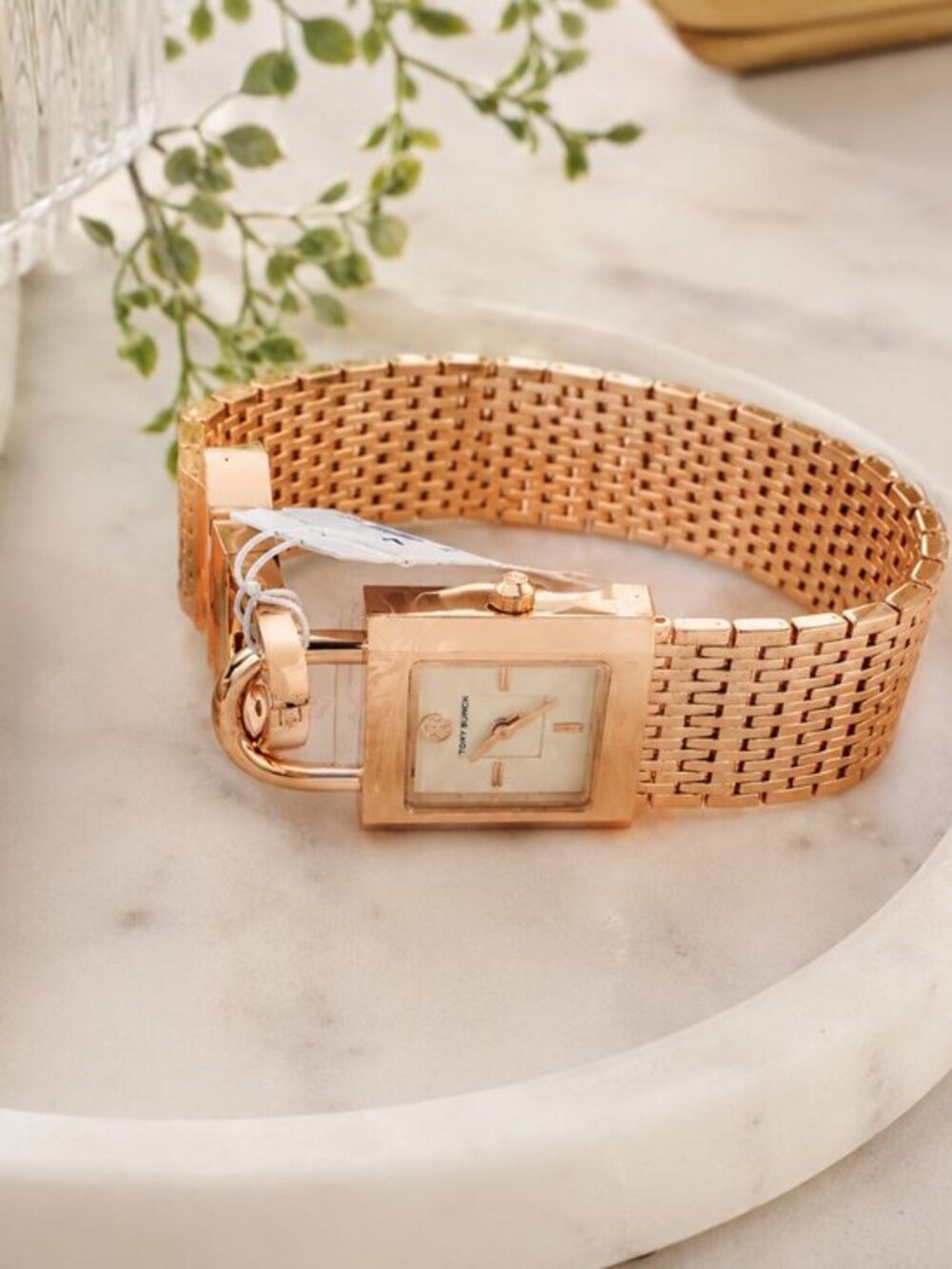 Tory Burch Rose Gold Padlock Mesh Bracelet Watch Quartz NWT